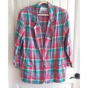 VTG Tartan Jacket XL 46 bust Blue Red Cotton Blazer 1/4 Lined Hopsack Breathable